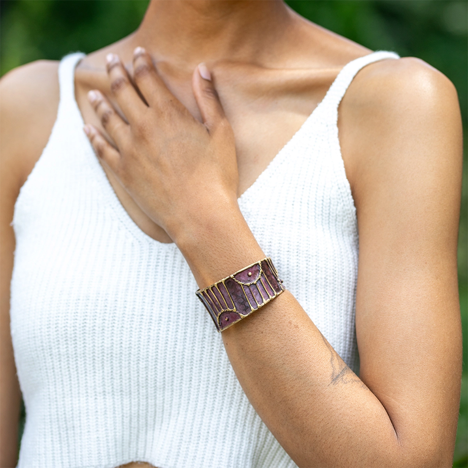 Brass plum colored wide cuff bracelet with gold accents