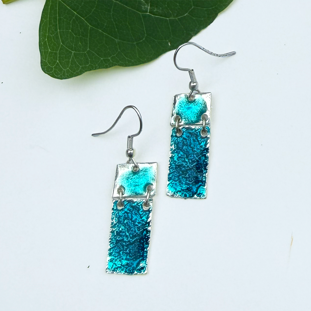 Aqua blue pewter 2 piece earrings rectangle and square