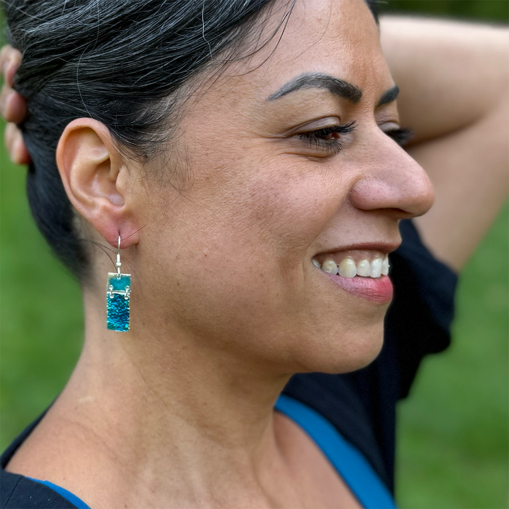 Aqua blue pewter 2 piece earrings rectangle and square on model