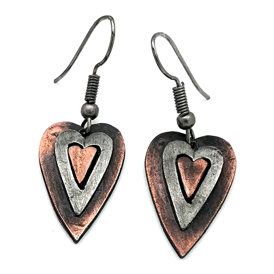 Pewter earrings with  hearts in copper and silver colors