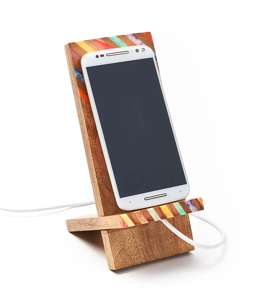 Mango wood phone stand with colorful striped bone accents
