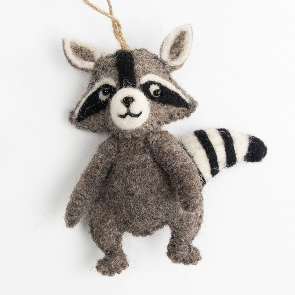 Felted gray raccoon ornament 