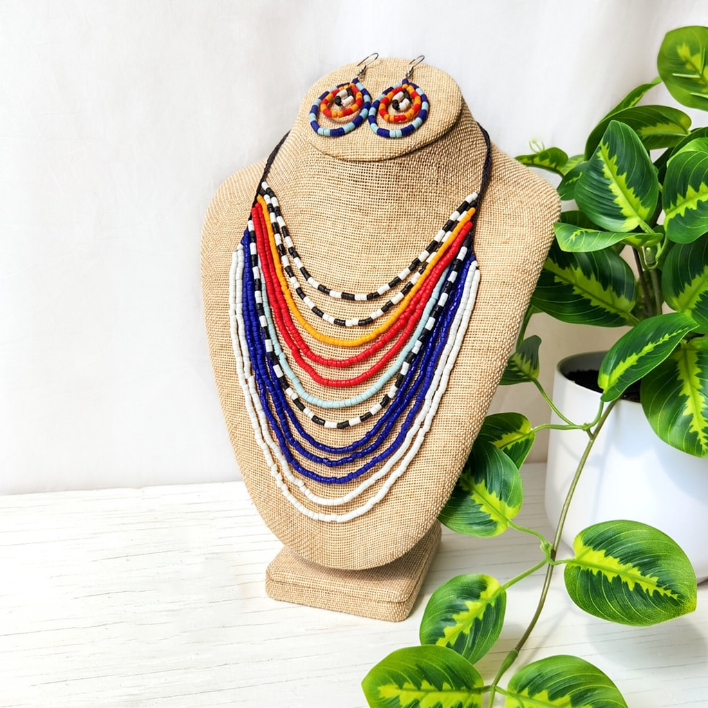 Recycled glass multistrand necklace and earrings red, blue white black