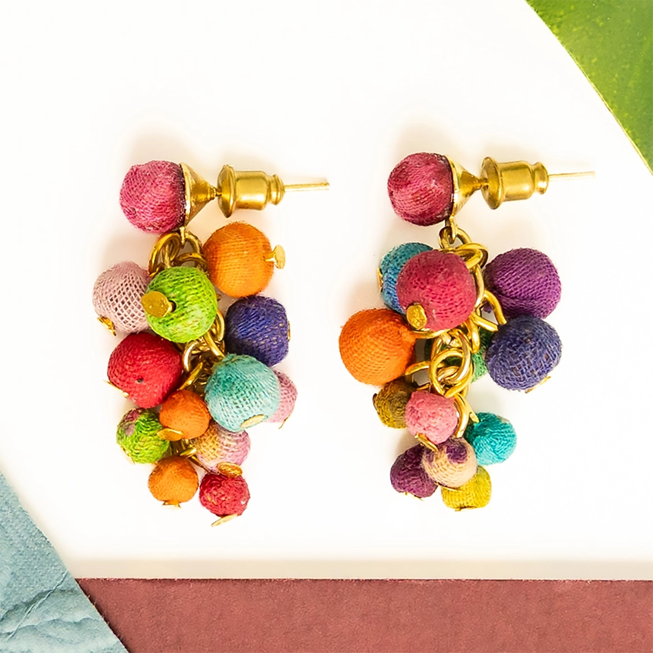 Post-style earrings with a cluster of colorful fabric beads.