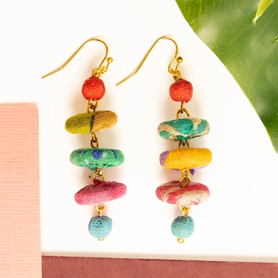 Colorful dangle earrings made out of recycled sari fabric beads. Five bead of different colors and shapes.