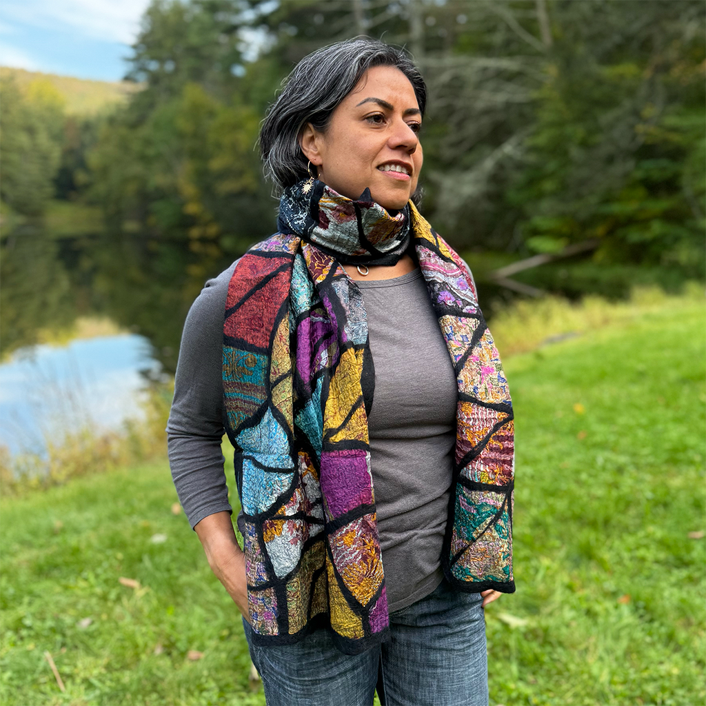 Silk felted scarf with a colorful patchwork mosaic design