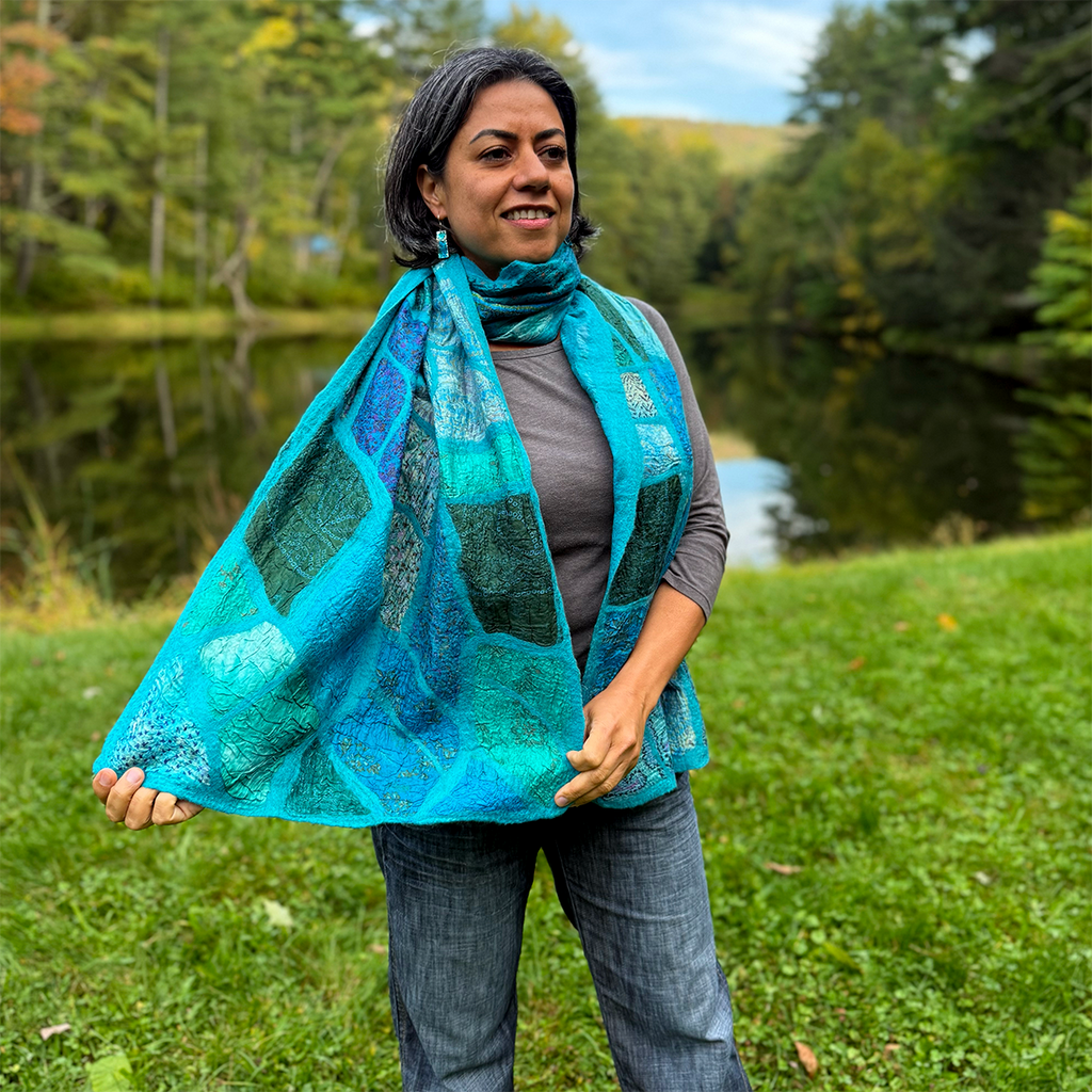 Turquoise felt silk scarf with mosaic colorful patchwork pattern.