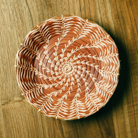 Small shallow round pine needle basket