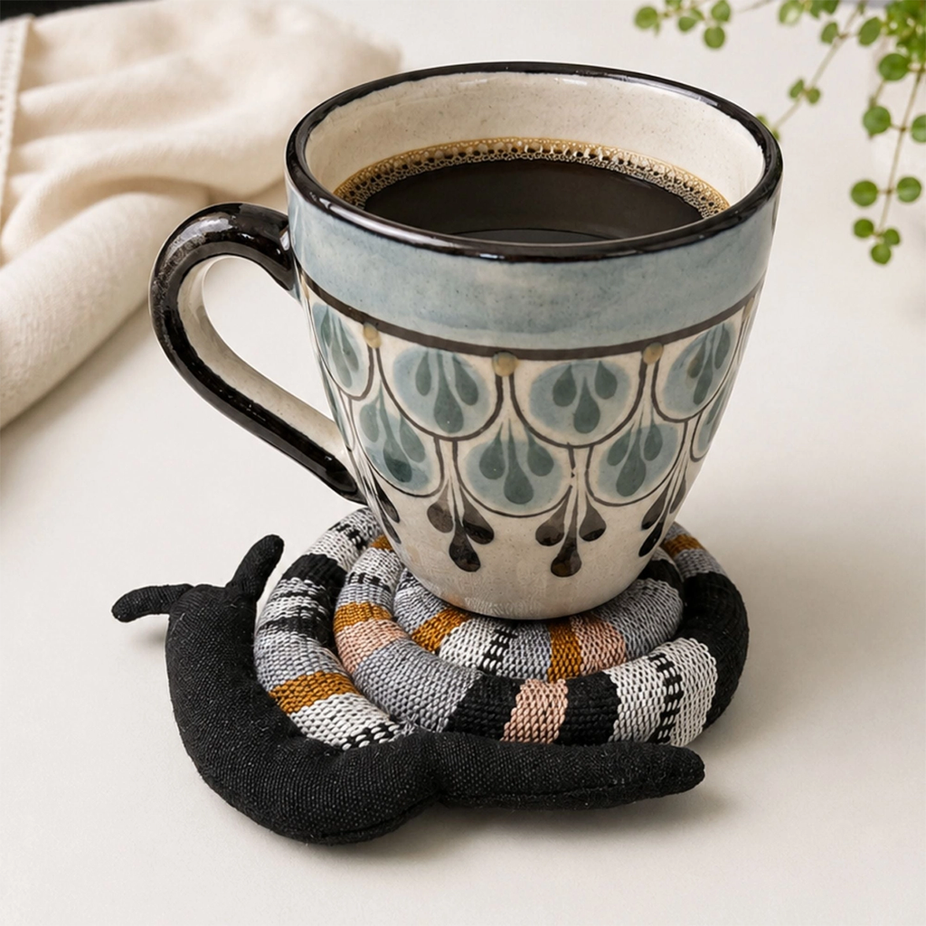 Spiral trivet with snail design brown black gray on mug
