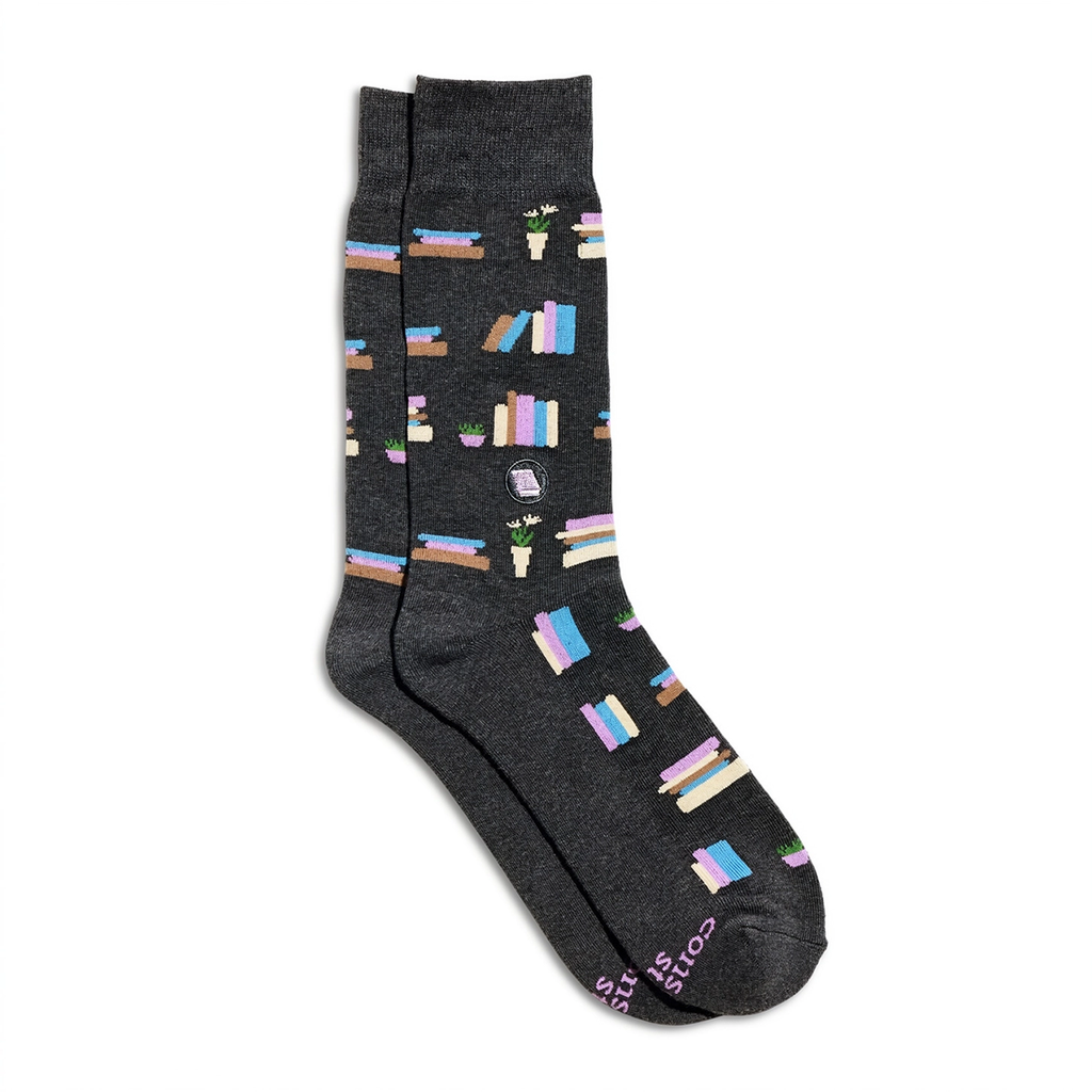 Charcoal colored socks with books on it as a design