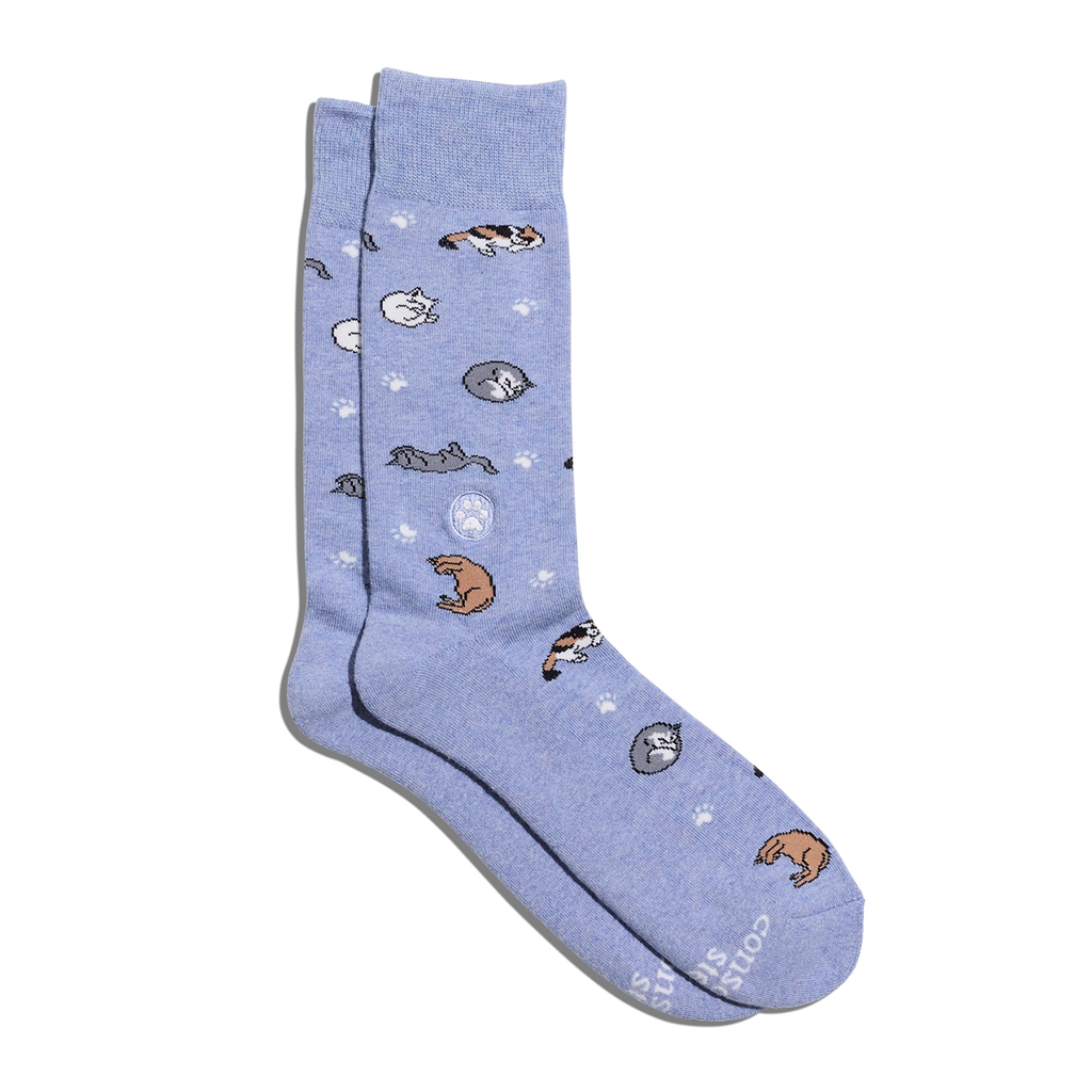 Light blue socks with sleeping cats 