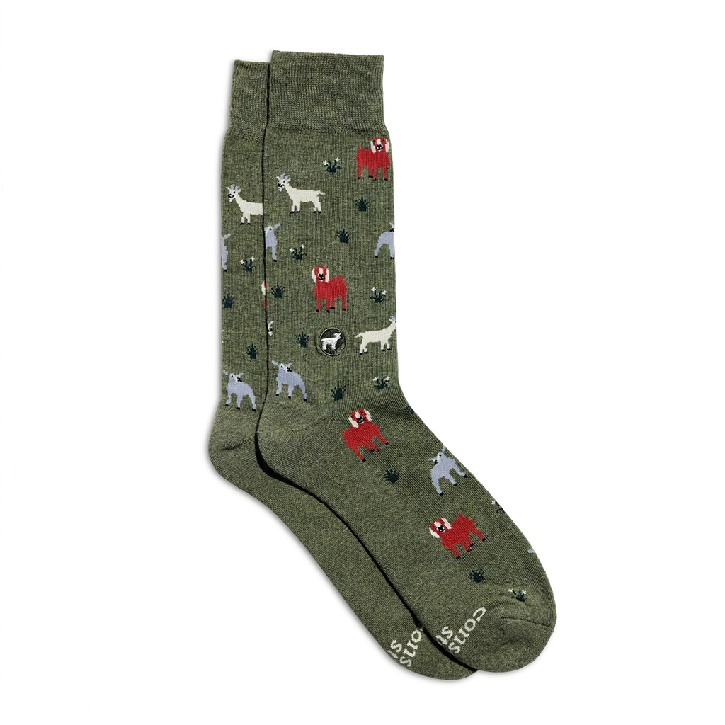 Green socks with red, gray and white goats