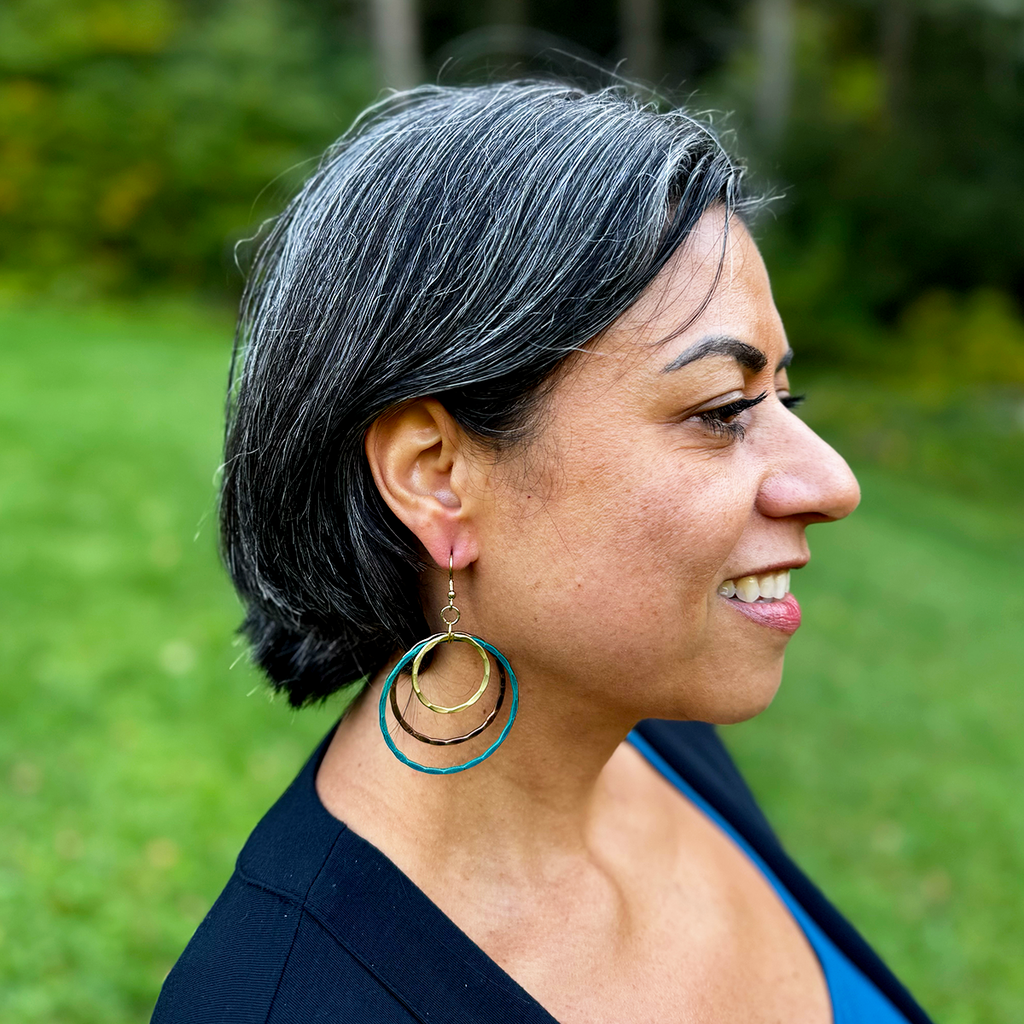 Large hoops earrings with teal, copper and brass hammered hoops