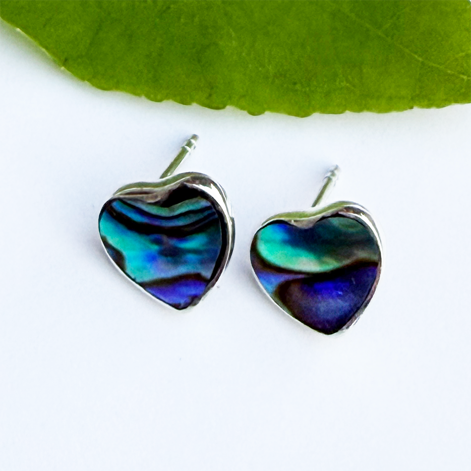 Small studs earrings with abalone in a sterling silver heart shape