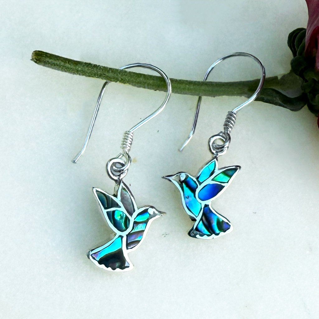 Sterling silver hummingbird earrings with abalone shell