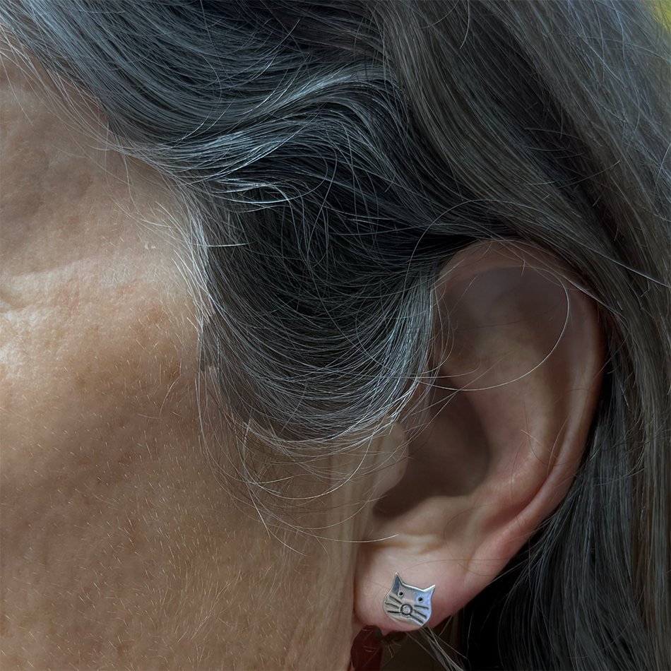 Tiny sterling silver studs with cat face and whiskers