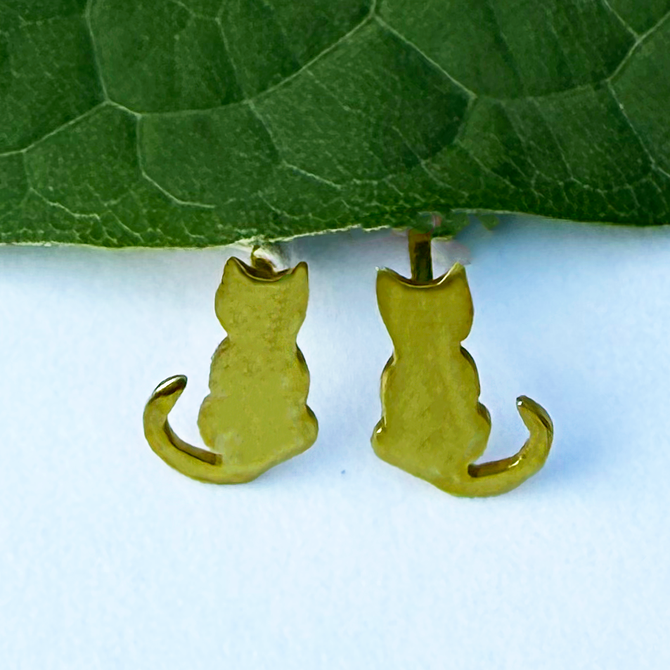 Tiny brass cat studs earrings
