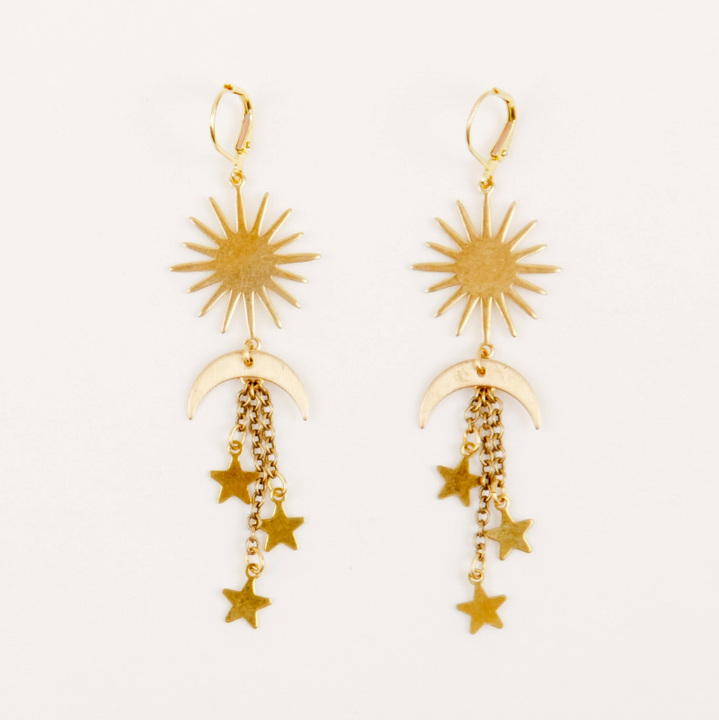 Brass dangle earrings with sun, moon and stars