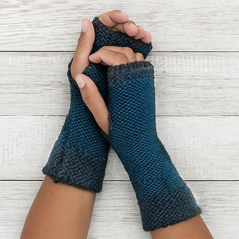 Baby alpaca fingerless gloves teal and black trim on hands
