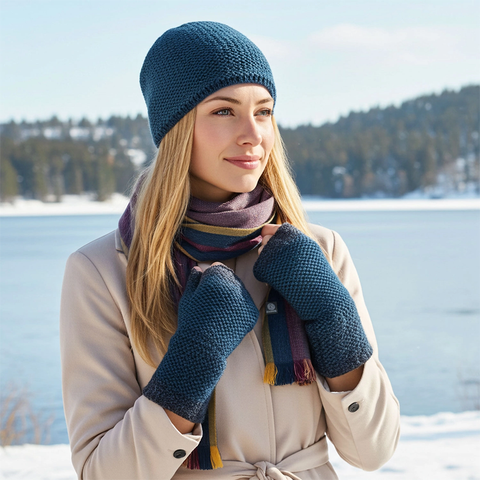 Teal baby alpaca beanie hat on model