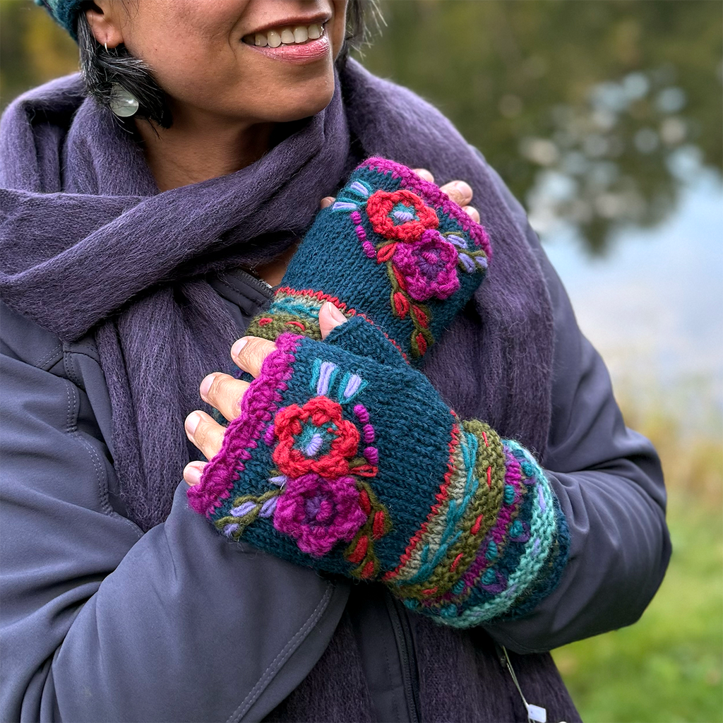 Wool knit fingerless gloves teal with red and pink embroidered flowers
