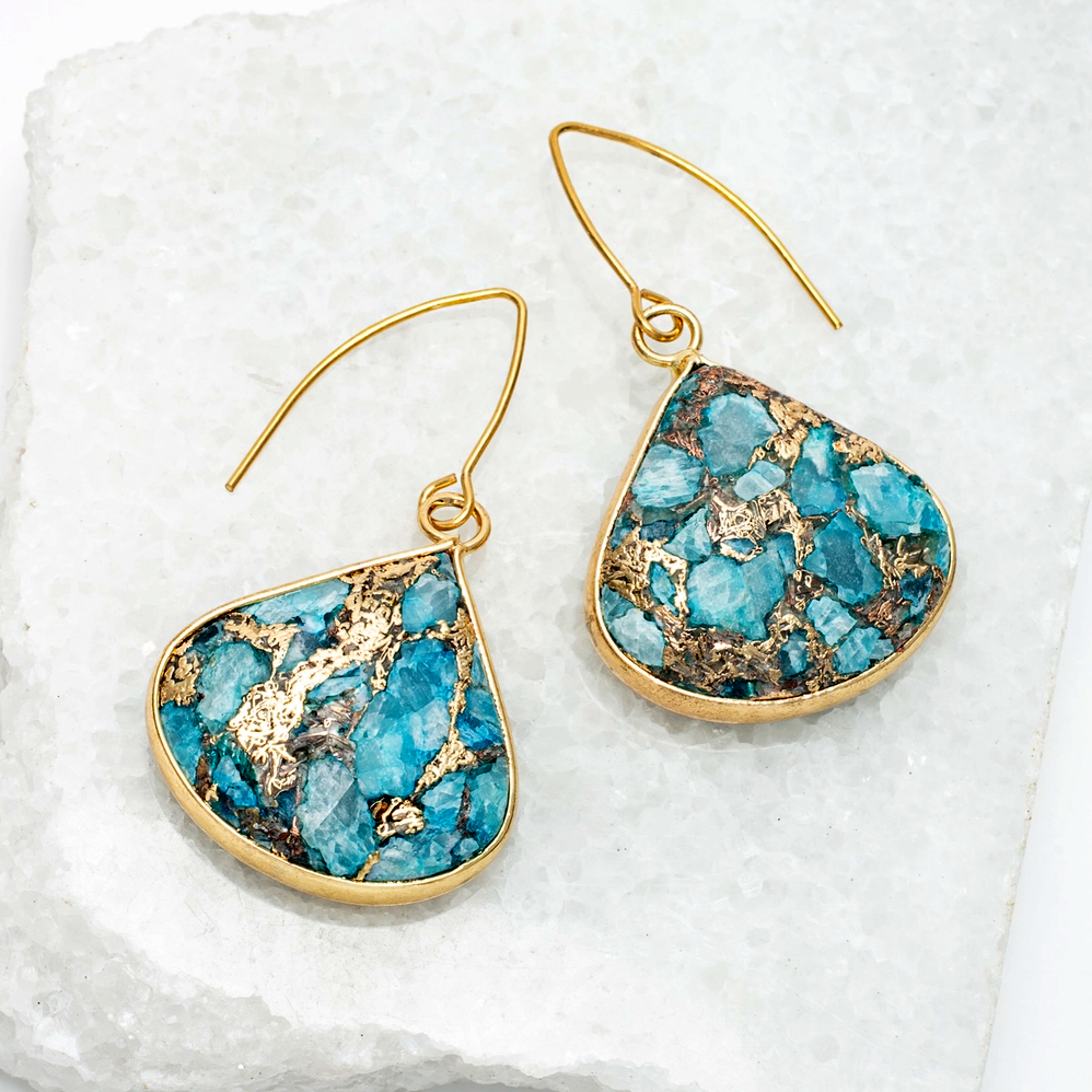 Fan-shaped turquoise emperor stone gold earrings