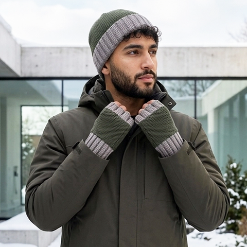 Baby alpaca fingerless gloves olive green and gray on model