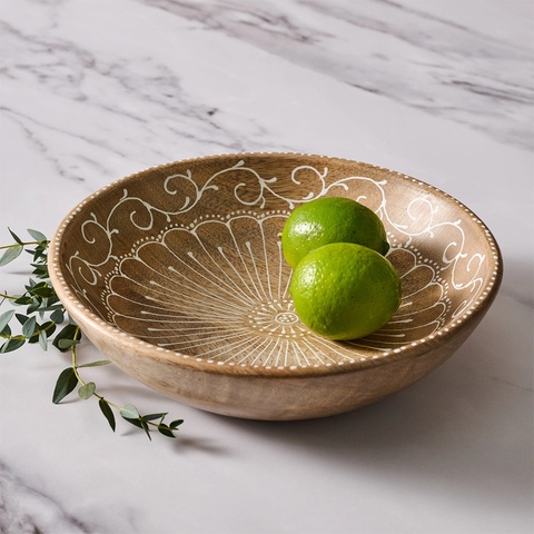 Mango wool bowl with painted white vine design