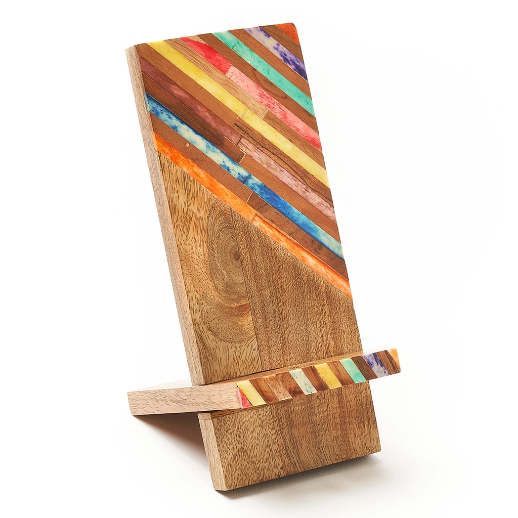 Mango wood phone stand with colorful striped bone accents