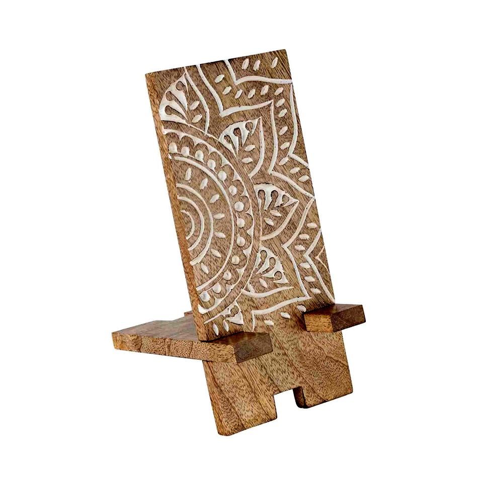 Wood smartphone stand with white painted mandala design.