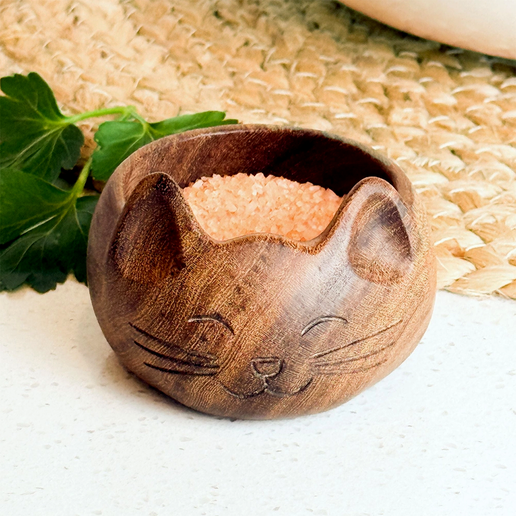 Wood salt bowl with cat face design