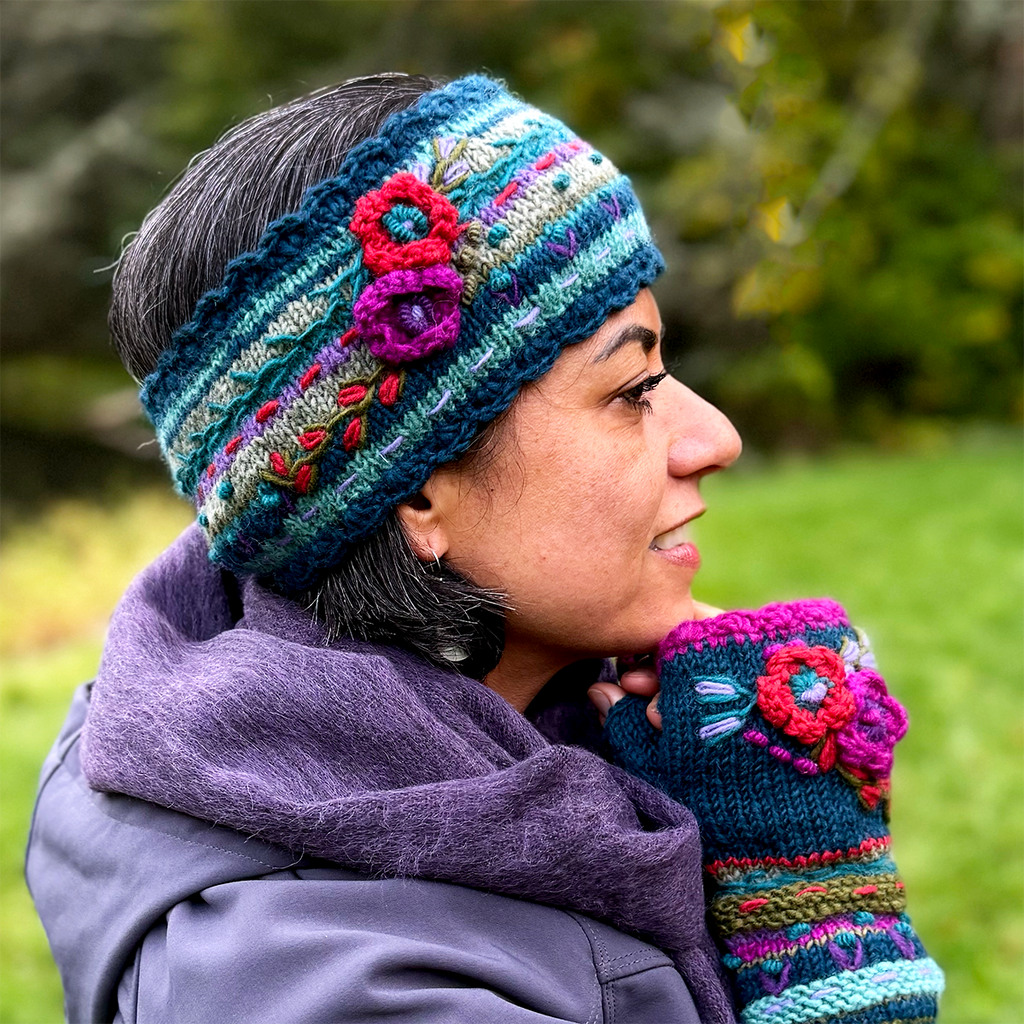 Wool knit headband teal with pink and red embroidered flowers