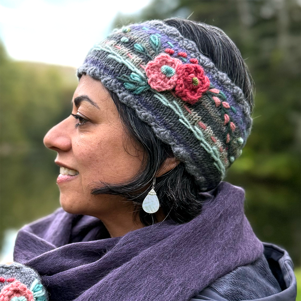 Wool headband knit with embroidered flowers and gray and lavender colors