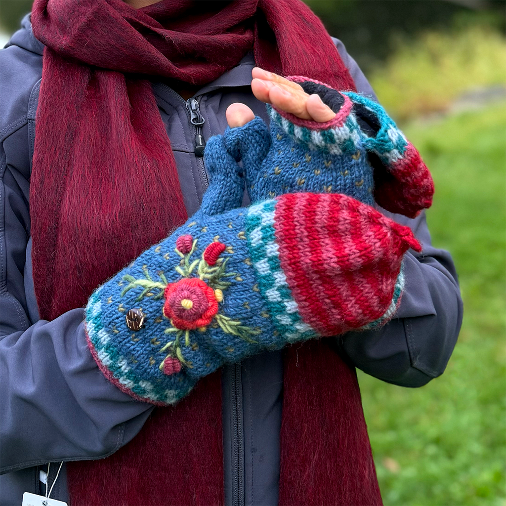 Wool knitted convertible mittens gloves red blue with red flower