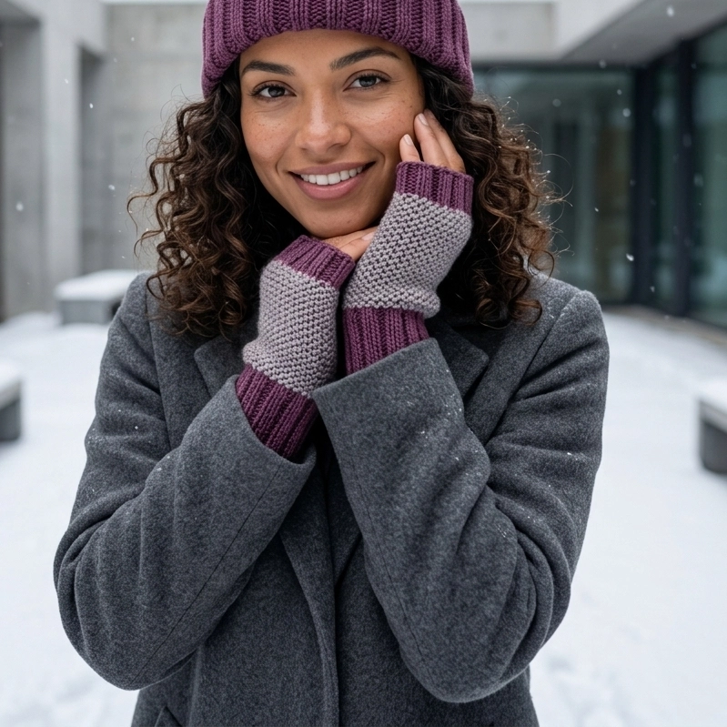 Model with gray and purple alpaca fingerless gloves