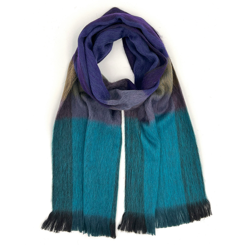 Alpaca scarf with teal purple and gray plaid  on model