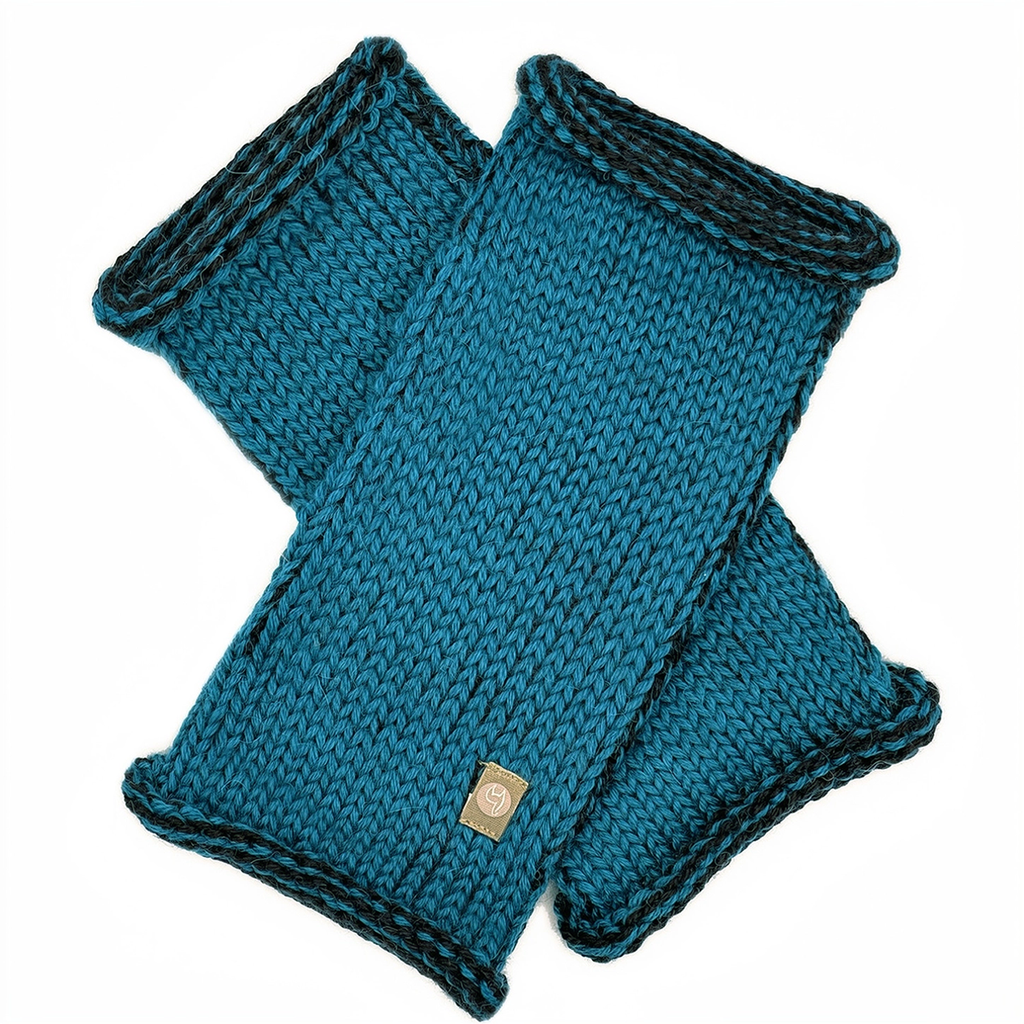 Knitted baby alpaca fingerless gloves teal with black trim
