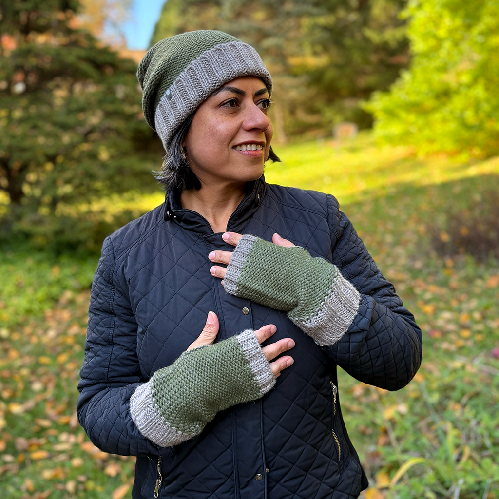 Baby alpaca fingerless gloves olive green and gray on model