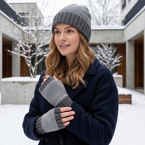 Gray two tone alpaca fingerless gloves on model