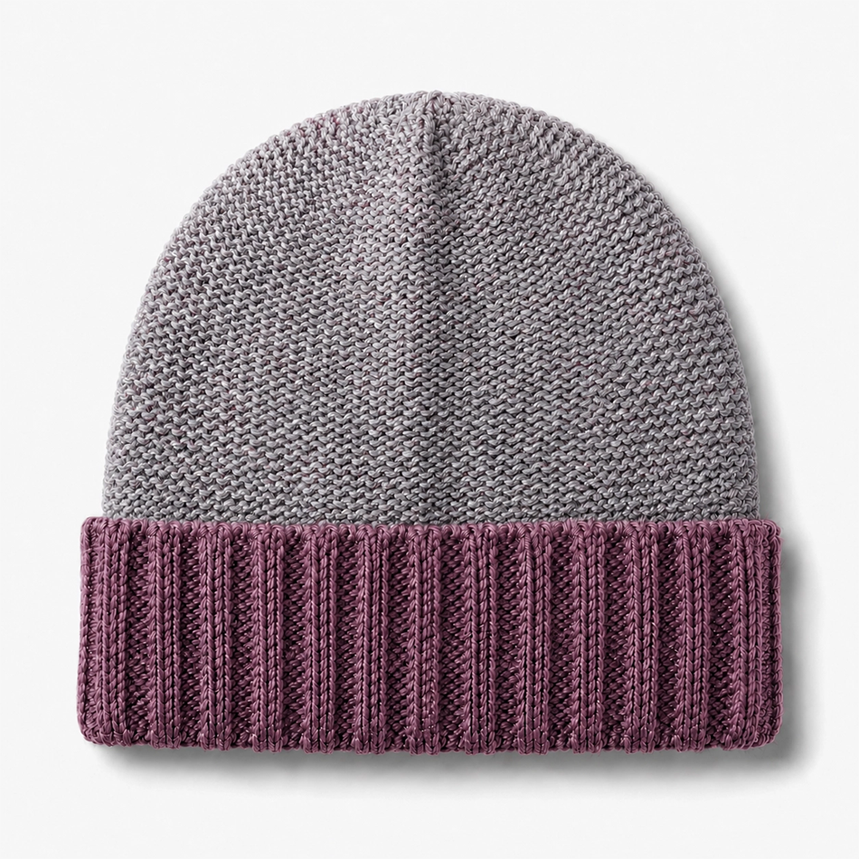 Gray and plum colored baby alpaca hat with a cuff bottom 