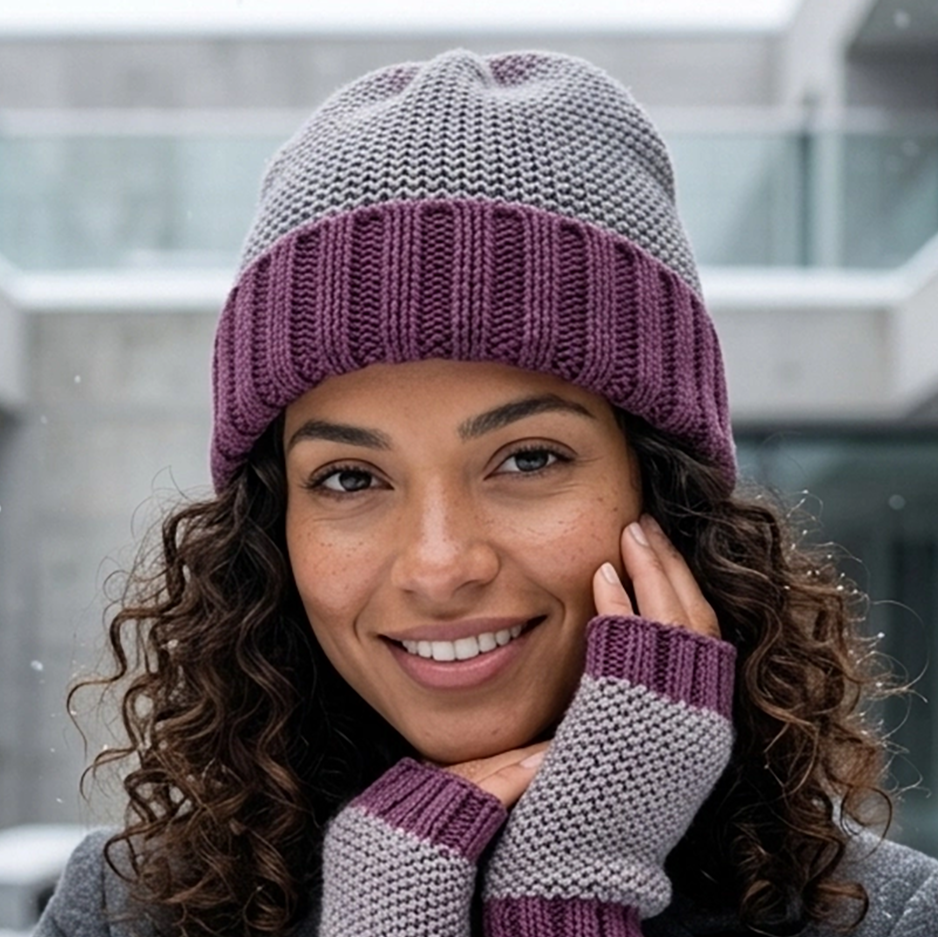 Gray and plum colored baby alpaca hat with a cuff bottom on model