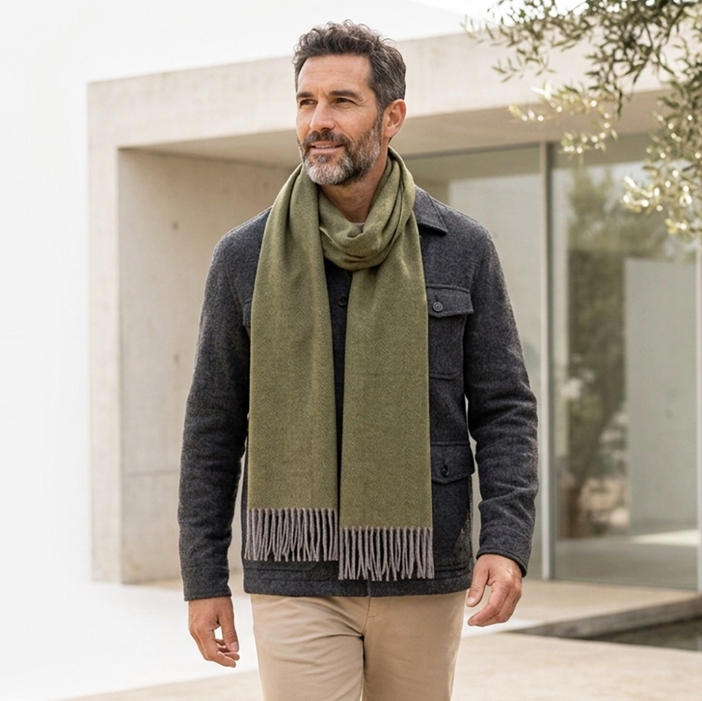 Baby alpaca scarf olive green on model 