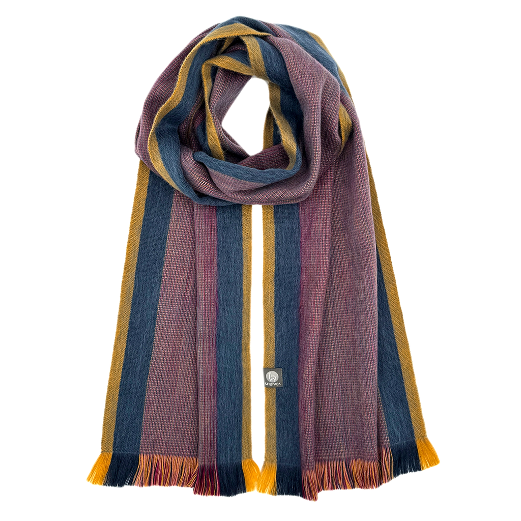 Alpaca scarf with mauve, yellow and blue stripes