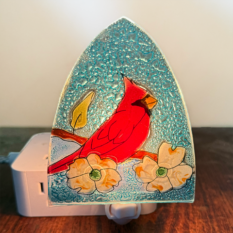Glass nightlight with red cardinal design