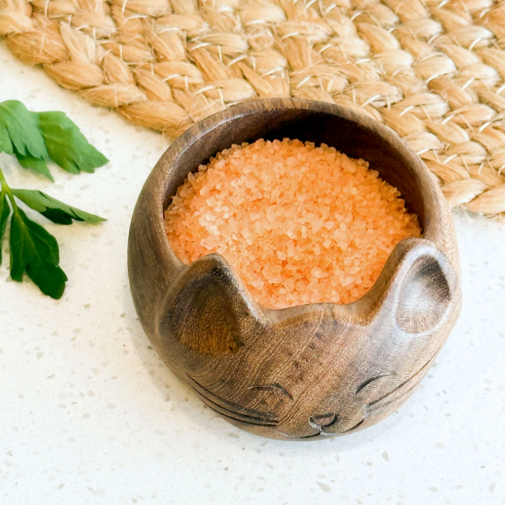 Wood salt bowl with cat face design