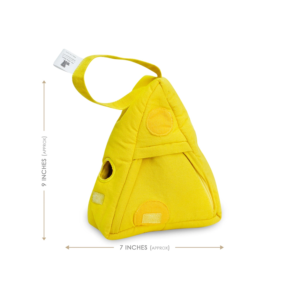 Yellow cotton toy zipped up with measurements