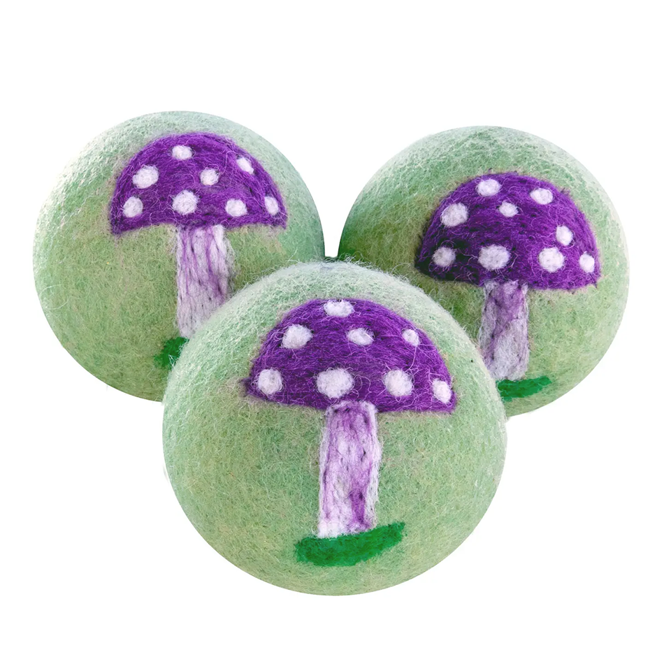 Three felt dryer balls mushroom design