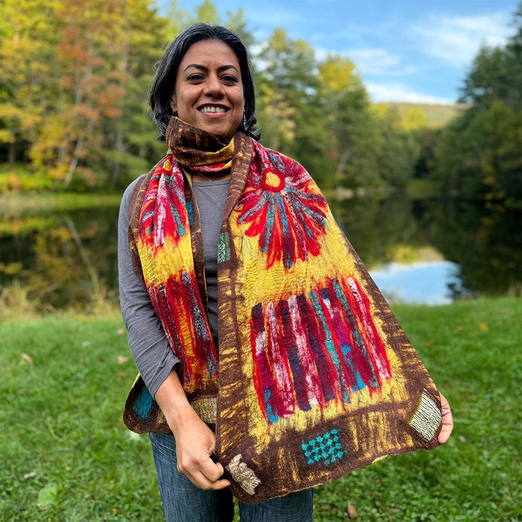 Silk scarf felted wool yellow red sun design