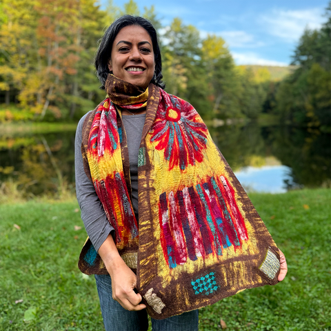 Silk scarf felted wool yellow red sun design