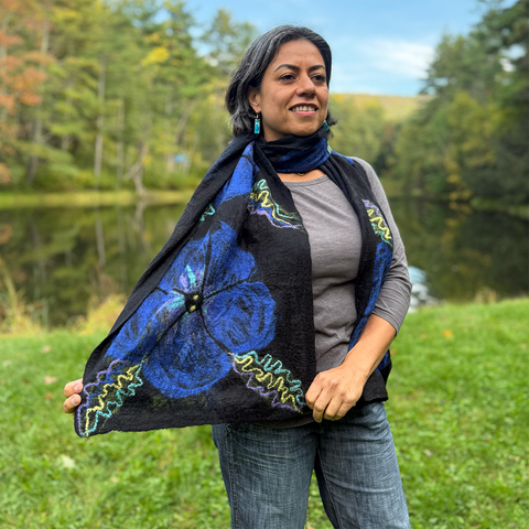 Black felted silk scarf with large blue flowers